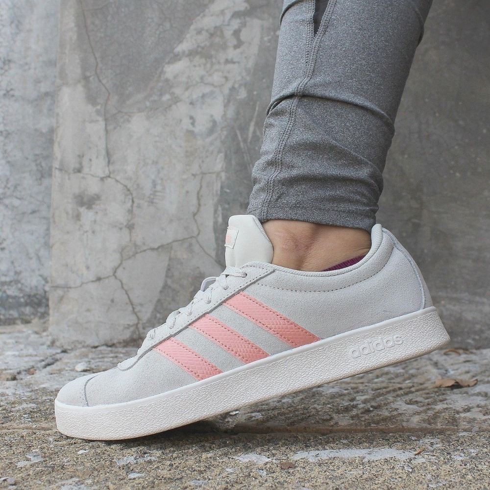 Adidas | VL Court 2.0 Suede Lace-Up Sneaker‎ in White & Dust Pink size 8